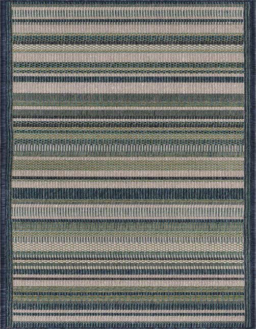 A blue, green, and beige striped runner rug with a flatweave texture, ideal for a kitchen, hallway, or patio.