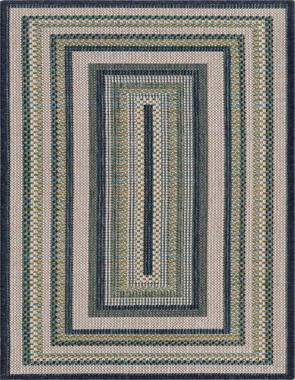 A 4 ft runner rug featuring a modern striped pattern in shades of blue, green, and beige, suitable for hallways or patios.