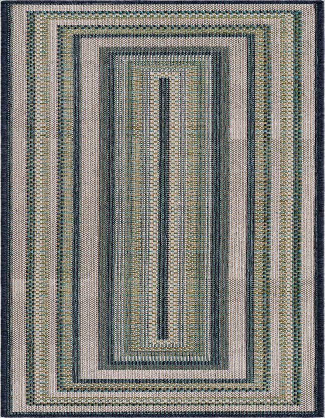 A 6 ft runner rug with a modern striped pattern in shades of blue, green, and beige, featuring a dark blue border.