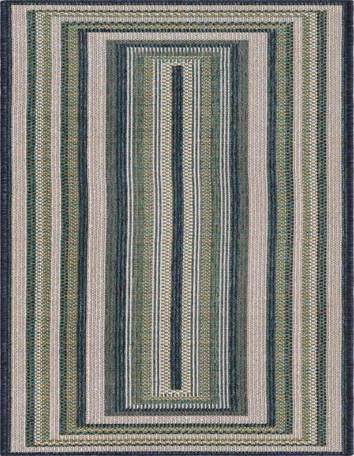 A blue, green, and beige striped runner rug with a modern flatweave pattern, ideal for a kitchen or hallway.