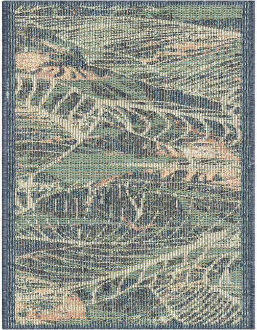 An 8 ft runner rug with a blue coastal botanical pattern, featuring shades of blue, green, and hints of peach, ideal for a hallway or patio.