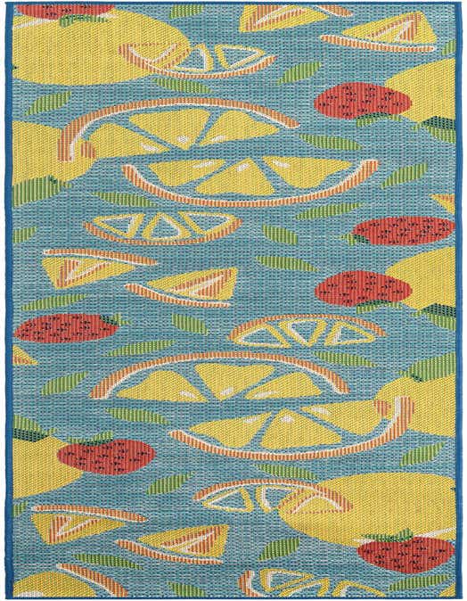 A 10 ft runner rug featuring a vibrant modern abstract pattern of yellow lemons, orange slices, and red strawberries on a blue background.