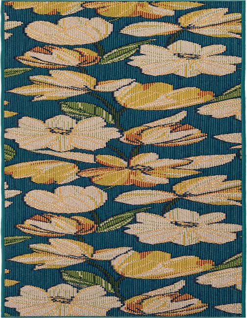 A 10 ft runner rug from the Baja Outdoor collection, featuring a modern floral pattern with yellow and cream flowers and green leaves on a vibrant blue background.