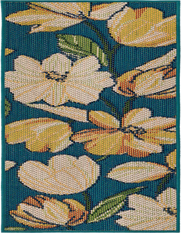 A 5 Ft Runner rug from the Baja Outdoor collection, featuring a vibrant modern floral pattern with large yellow and white flowers and green leaves on a deep blue background.