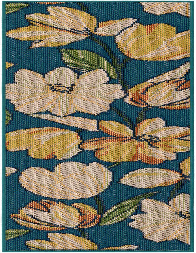 A 6 ft runner rug with a modern floral pattern featuring large cream and yellow flowers with green leaves on a deep blue background.