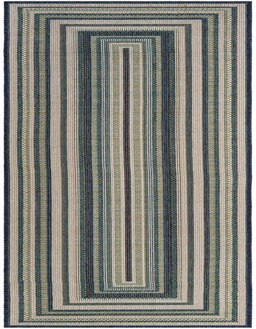 A 10 ft runner rug featuring a modern striped pattern in various shades of blue, green, and beige, suitable for hallways or patios.