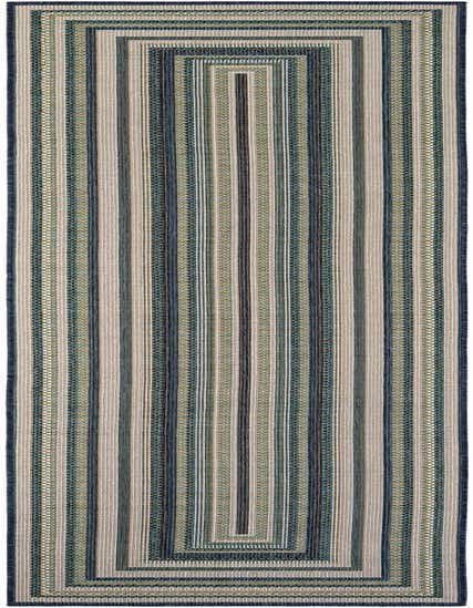 A 12 ft runner rug with a modern striped pattern in shades of blue, green, and beige, suitable for hallways or patios.