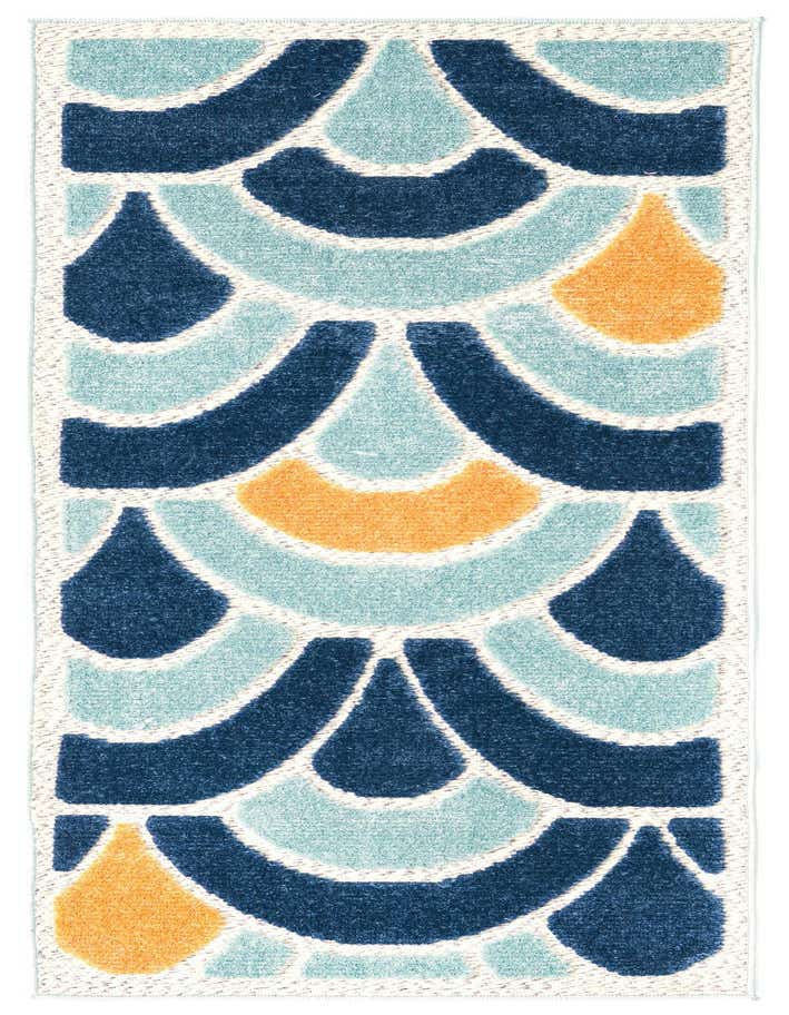 A 6 ft runner rug with a modern trellis pattern in shades of blue and hints of orange, ideal for a hallway or patio.