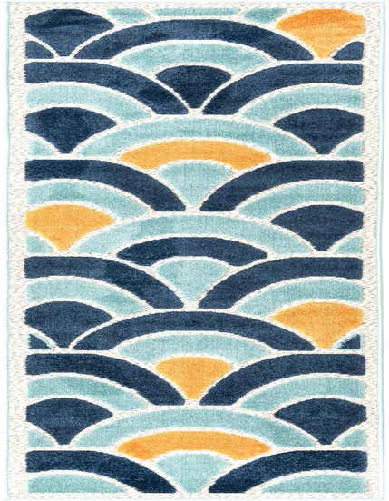A 10 ft runner rug with a modern trellis pattern in shades of blue and pops of orange, suitable for a hallway or patio.