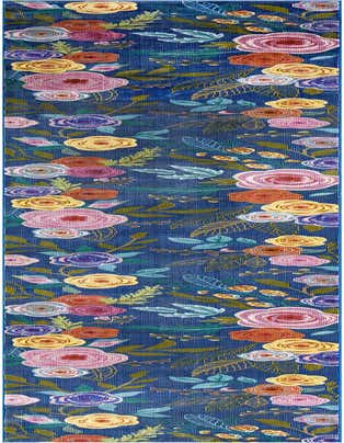 A 16 ft runner rug with a vibrant modern floral pattern on a deep blue background, ideal for a hallway.