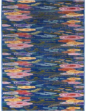 A long 20 ft runner rug with a vibrant modern floral pattern on a deep blue background, featuring large pink, yellow, orange, and purple roses with green leaves, ideal for a hallway.