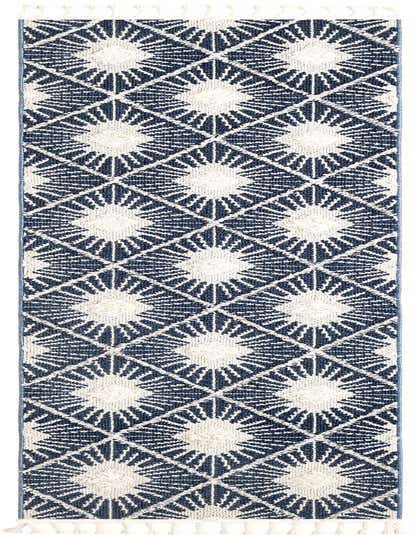 A 12 ft blue and white bohemian runner rug with a modern trellis pattern, featuring textured high pile diamonds on a flatweave base, ideal for a hallway.