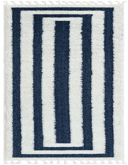 A 12 ft blue and white striped runner rug with a modern design and tassels, ideal for a hallway.