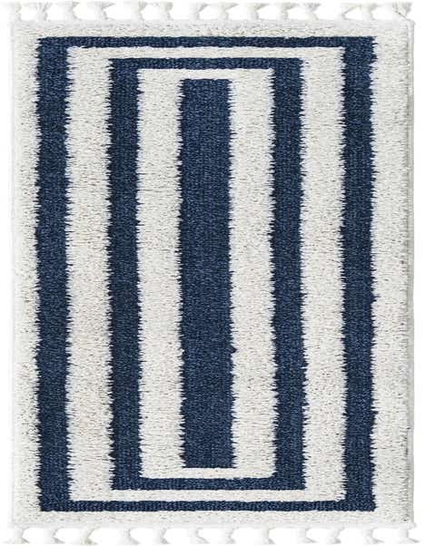 A navy blue and white striped runner rug with white tassels, featuring a modern geometric border.