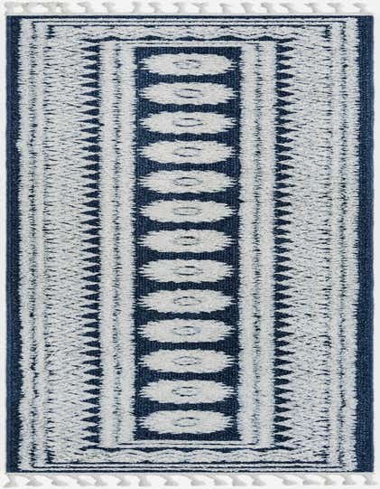 A 12 ft runner rug in shades of blue and white, featuring a Southwestern and Bohemian tribal pattern with a central medallion design and tasseled ends, ideal for a hallway.