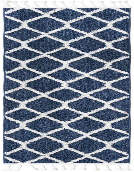 A navy blue runner rug with a white modern trellis pattern and white tassels on the ends, suitable for a hallway.