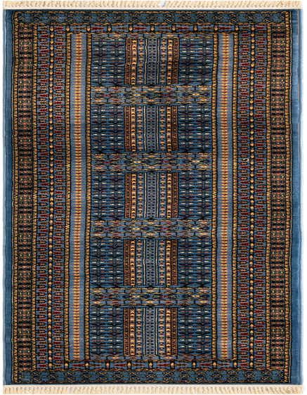 A 12 ft blue runner rug with intricate traditional patterns in red, gold, and black, featuring fringe ends.