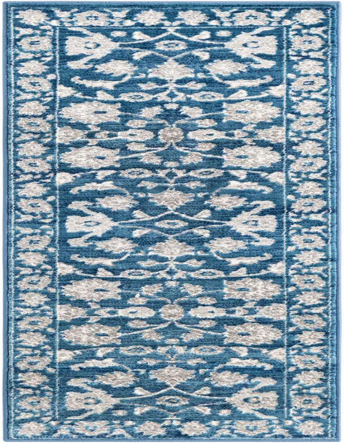 A 6 ft runner rug with a traditional botanical pattern in shades of blue and light grey, ideal for a hallway.