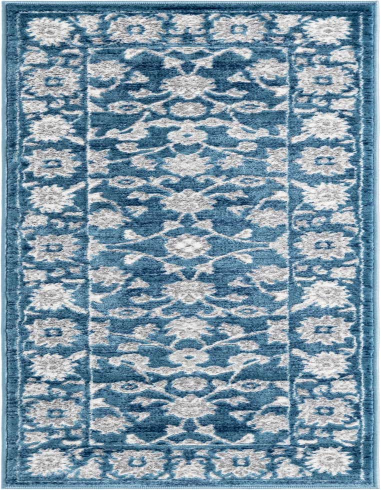 A 5 ft runner rug in shades of blue with a distressed light gray floral and medallion pattern, ideal for a hallway.
