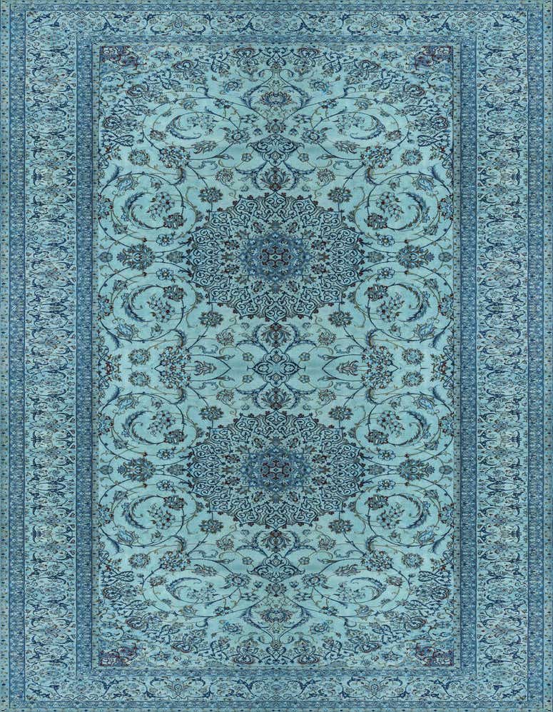 A 5 ft runner rug in shades of blue, featuring an intricate traditional medallion and floral pattern, ideal for a hallway.
