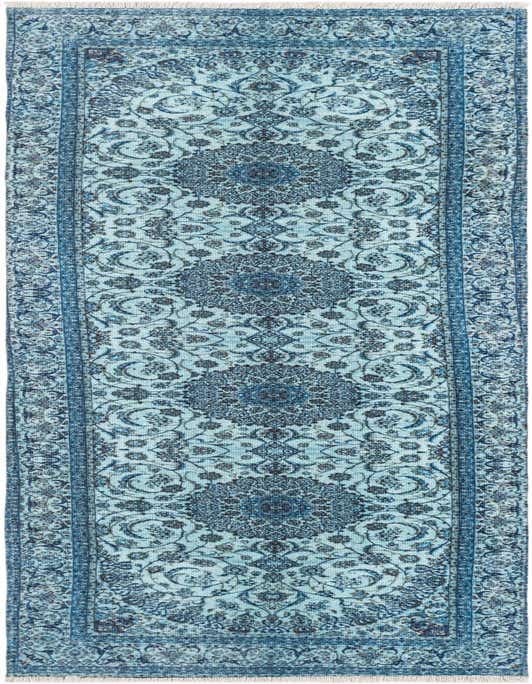 A long 8 ft runner rug featuring a traditional medallion pattern in varying shades of blue, ideal for a hallway.