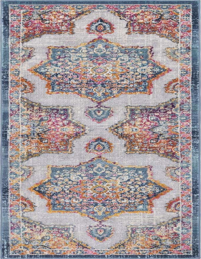 A 6 ft runner rug with a distressed Bohemian medallion pattern in shades of blue, orange, pink, and purple on a light grey background, ideal for a hallway.