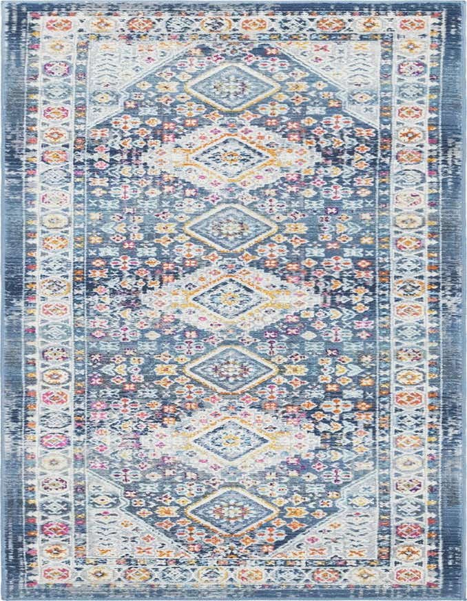 A 6 ft runner rug with a distressed blue background, featuring a vibrant bohemian medallion pattern in white, orange, pink, and yellow.