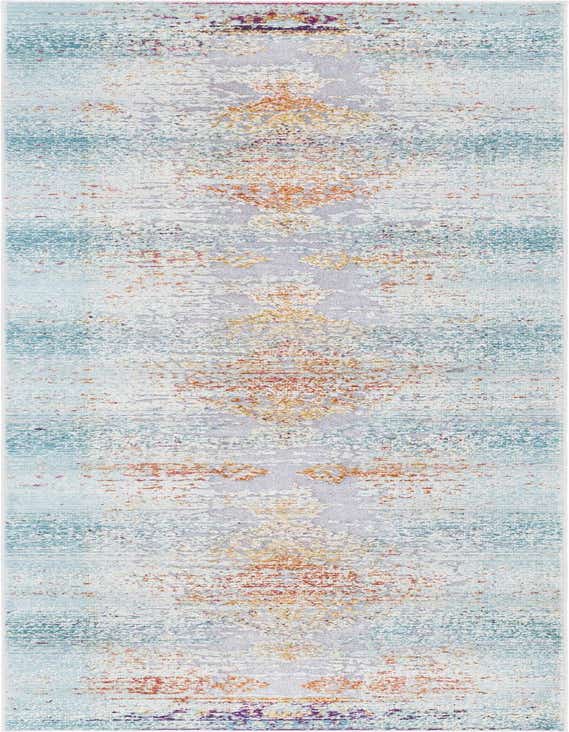 A 10 ft runner rug in a bohemian, shabby-chic style with distressed blue, orange, and purple hues.