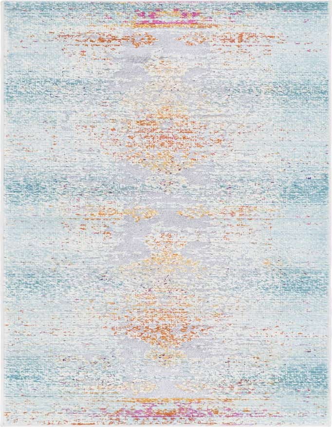 A 6 ft runner rug with a distressed Bohemian pattern in shades of blue, orange, and pink, ideal for a hallway.