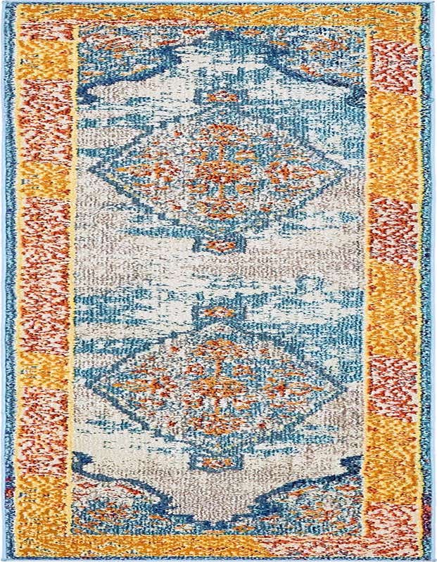 A 7 ft runner rug in a bohemian medallion pattern with distressed blues, oranges, and creams, perfect for a hallway.