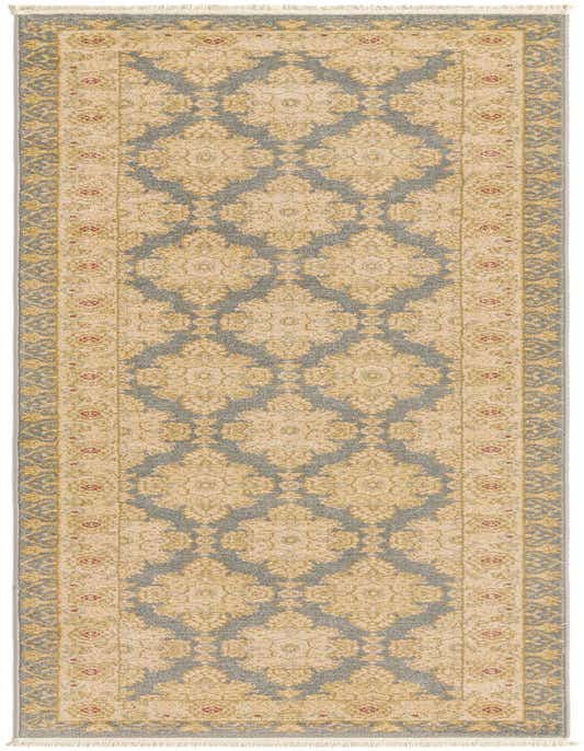 A 10 ft runner rug with a traditional blue and beige botanical pattern, featuring a central medallion design and a detailed border.