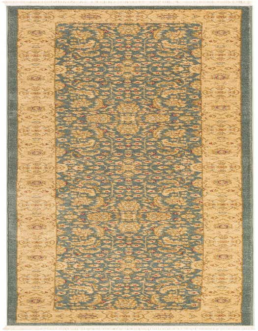 A 10 ft runner rug featuring a traditional botanical pattern in shades of blue, gold, and red, with a gold border.