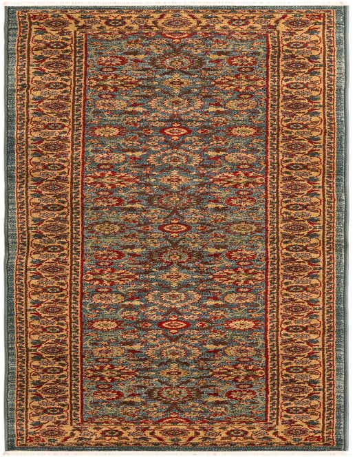 A 10 ft runner rug from the Chelsea Collection, featuring a traditional floral pattern in blues, reds, and gold.