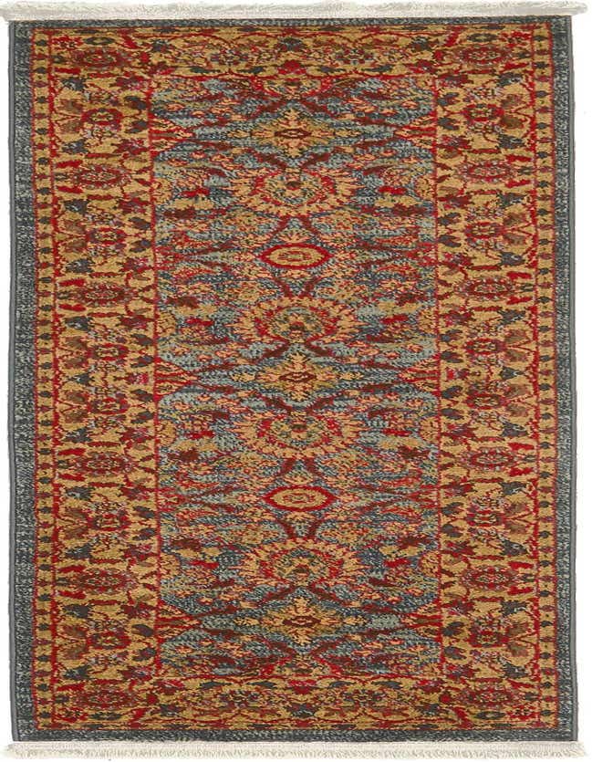 A 6 ft runner rug with a traditional Bohemian floral pattern in shades of blue, red, and gold, featuring a dark blue border and white fringe.