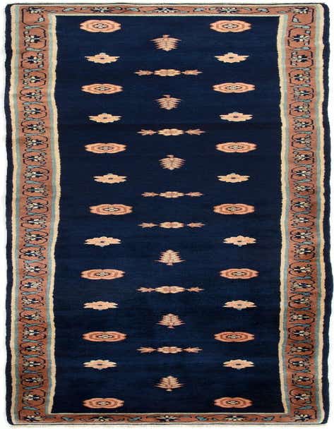 A 13 ft runner rug from the China Peking collection, featuring a deep blue field with scattered floral motifs and a detailed border in tan and light blue, ideal for a hallway.