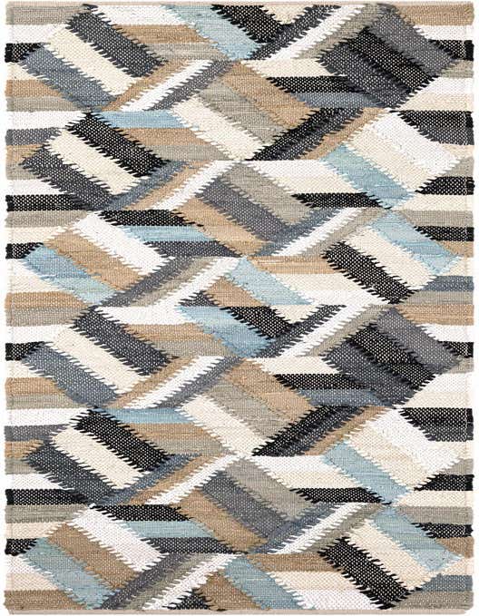 A handmade 8 ft runner rug with a modern abstract pattern in blues, black, white, and natural tones, ideal for a hallway.