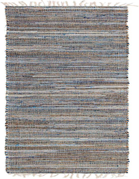 A 10 ft runner rug from the Chindi Jute collection, featuring a textured flatweave in various shades of blue and natural jute, with fringed ends.