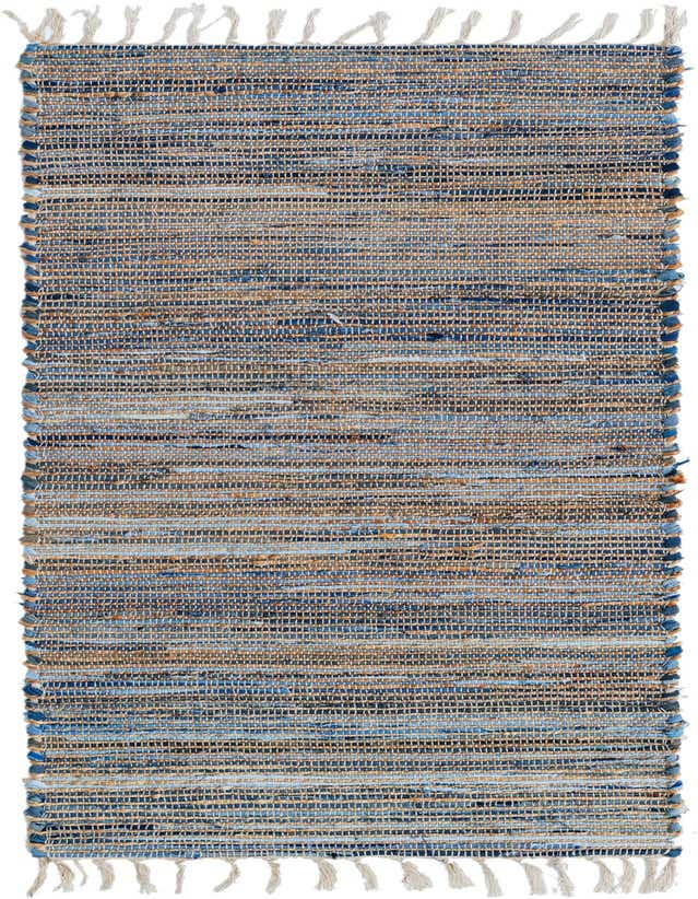 A 6 ft blue and natural jute runner rug with a textured flatweave and fringe, perfect for hallways.