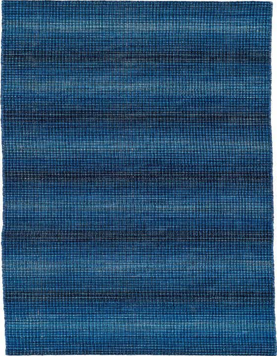 A 10 ft runner rug from the Darya collection featuring horizontal stripes in varying shades of blue, made of wool.