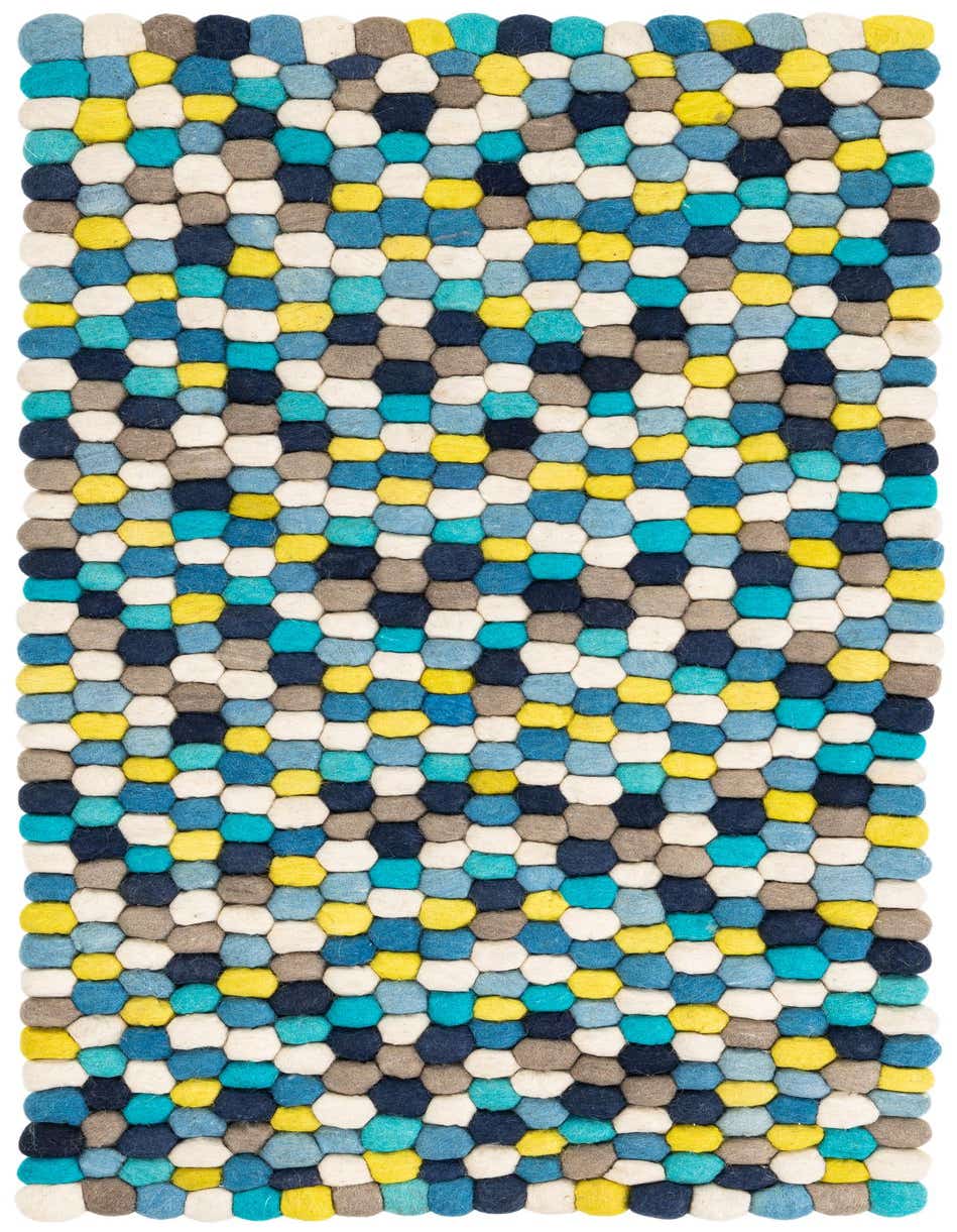 A 4 ft runner rug from the Felt Ball collection, featuring a modern abstract pattern of blue, yellow, white, and grey felted wool balls, ideal for a hallway.