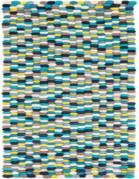 A vibrant 8 ft runner rug from the Felt Ball collection, featuring a modern abstract pattern of various blue, yellow, white, and gray felted wool balls, perfect for a hallway.