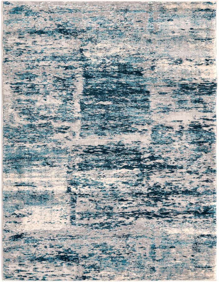 A 6 ft runner rug with an abstract modern pattern in shades of blue, grey, and cream, featuring a high-low textured pile.