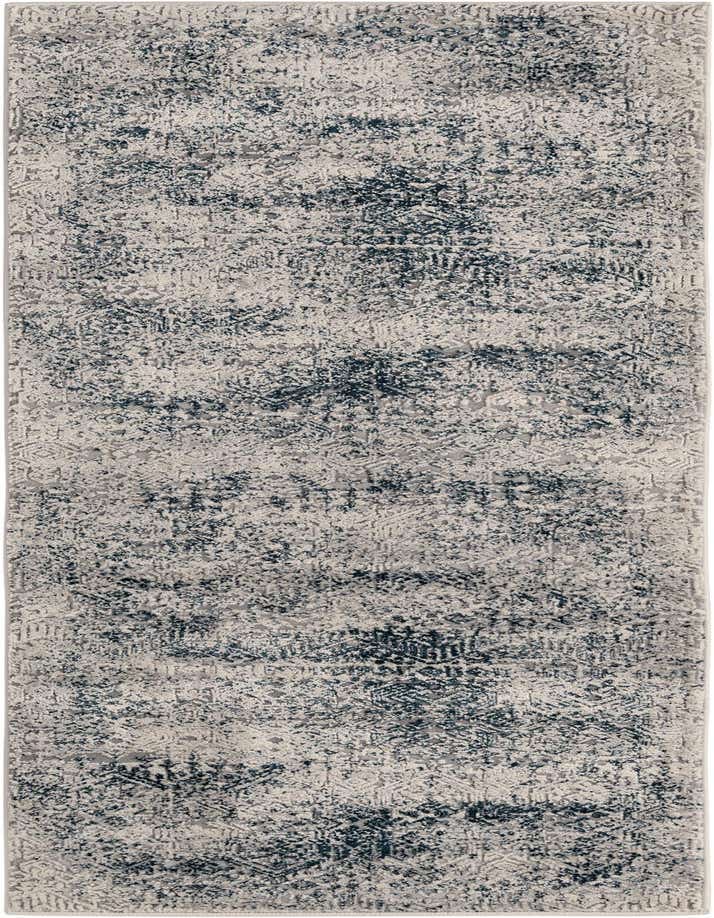 A 6 ft runner rug with a modern, distressed pattern in varying shades of blue and light gray, featuring a high/low textured pile.