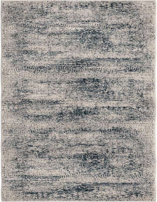 A long 8 ft runner rug with a modern distressed pattern in shades of blue and light gray, suitable for a hallway.