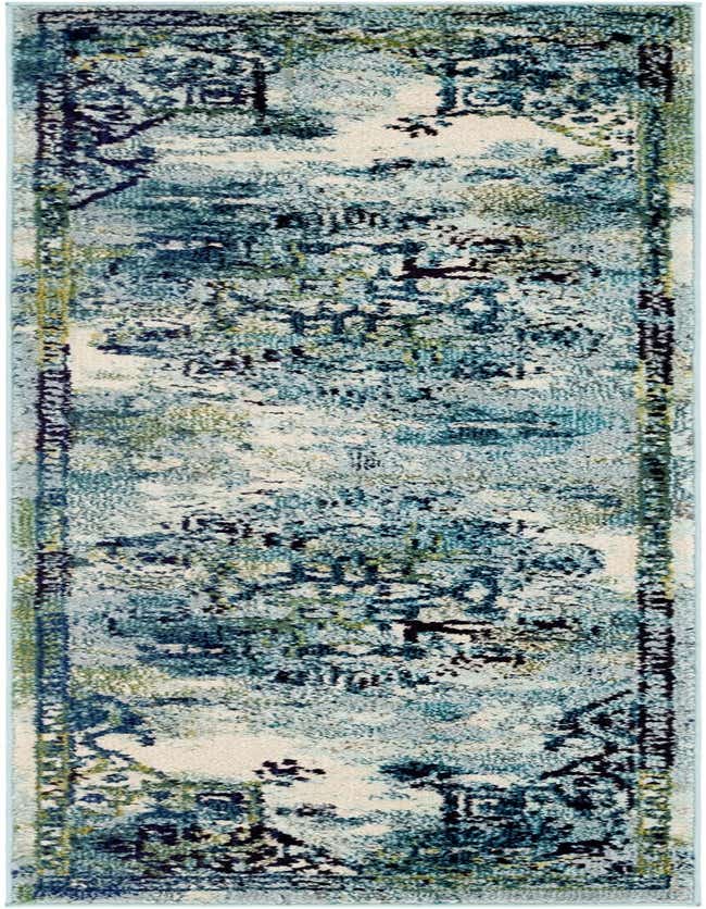 A 7 ft runner rug in shades of blue, green, and cream with a distressed Bohemian medallion pattern, ideal for a hallway.