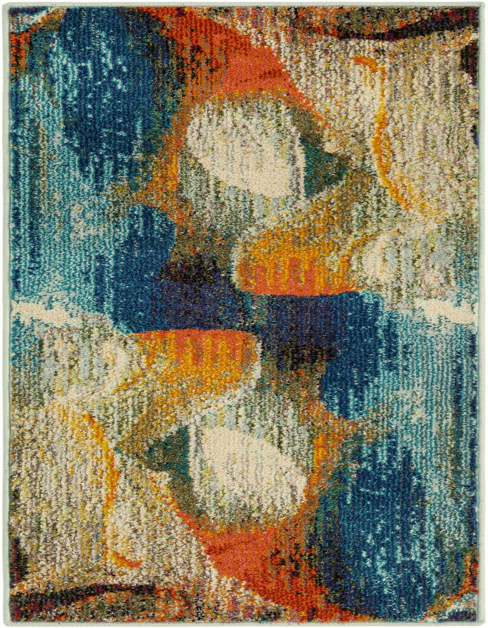 A 4 ft runner rug from the Haerfest collection, featuring a modern abstract pattern in vibrant blues, oranges, and creams, suitable for a hallway.