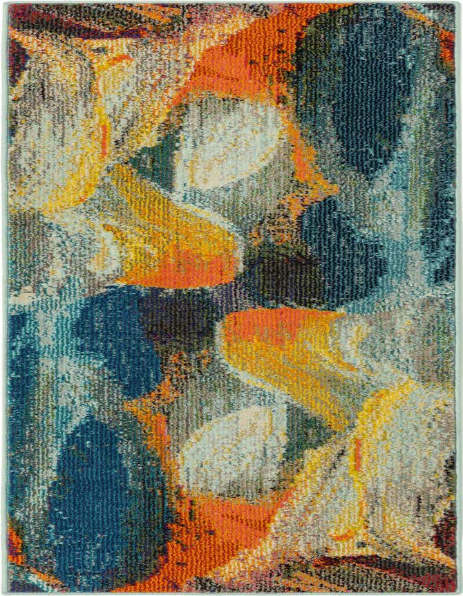 A 6 ft runner rug with an abstract modern pattern in shades of blue, orange, yellow, and gray, suitable for a hallway or kitchen.