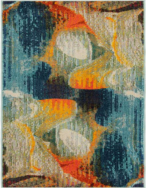 A vibrant 8 ft runner rug with an abstract modern pattern in shades of blue, orange, and cream, ideal for a hallway or kitchen.