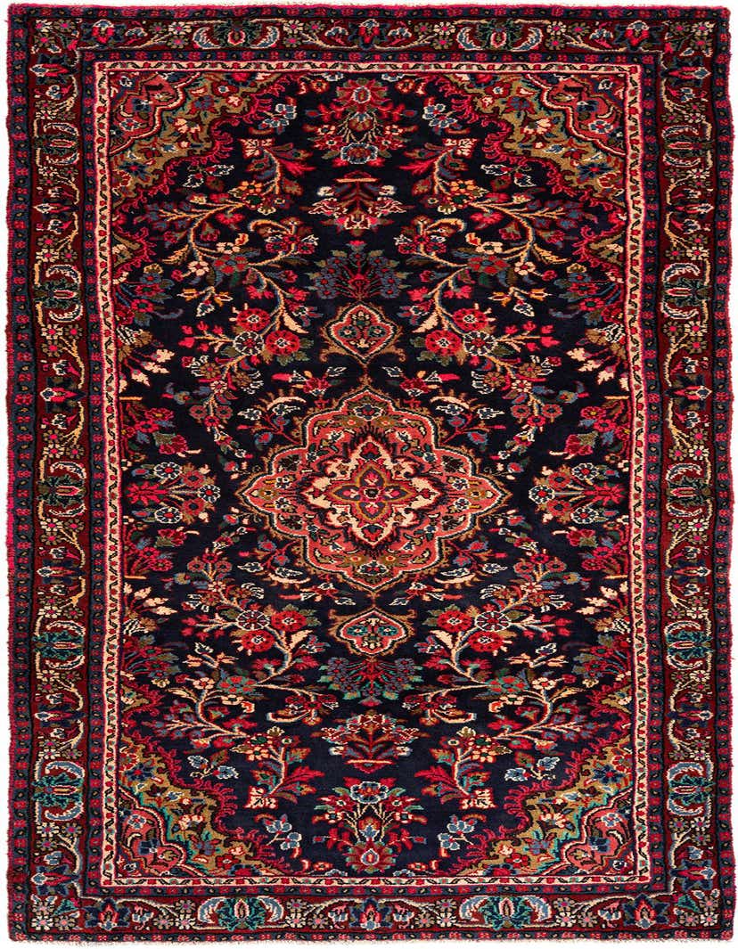 A 10 ft runner rug in a traditional Persian style, featuring a dark blue background with intricate floral and medallion patterns in red, gold, and light blue.