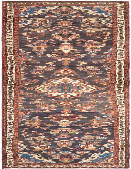 A 14 ft Hamedan runner rug with a dark blue field, tribal and traditional patterns, and a red and cream border, ideal for a hallway.